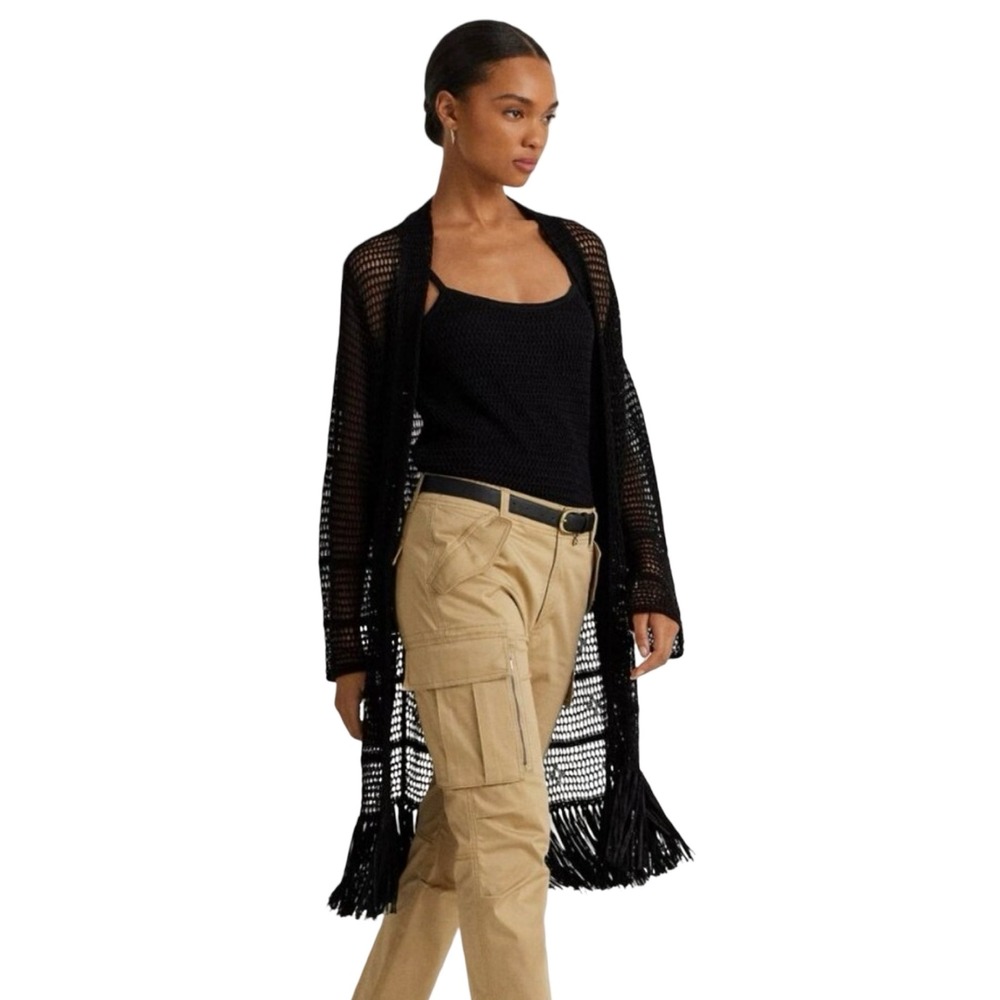 Lauren Ralph Lauren Black Pointelle-Knit Linen-Blend Fringe Cardigan Small NWT